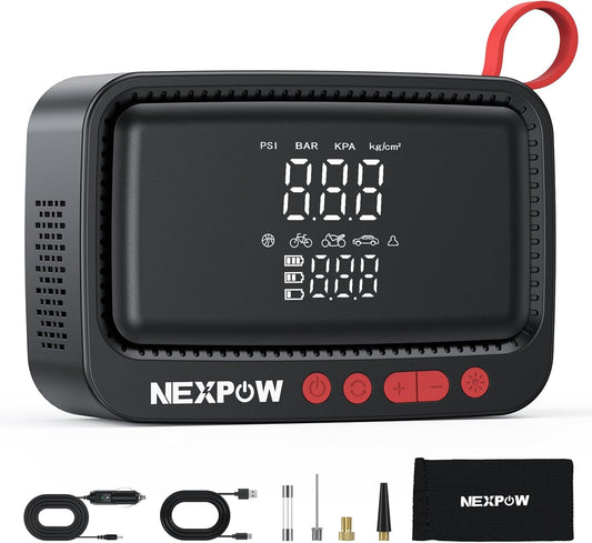 NEXPOW Tire Inflator Portable Air Compressor, 150 PSI Cordless Air Pump for Car Tires with Dual Digital Pressure Gauge and Auto Shut-Off, Portable Tire Inflator for Car, Motorcycle, Bicycle, Balls etc
