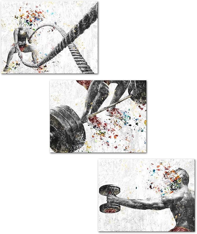 KREATIVE ARTS 3 Pieces Fitness Gym Canvas Wall Art - 12"x16" Framed Workout Prints with Weightlifting, Dumbbell, Barbell & Fitness Rope Motifs, Black & White Sport Painting, Home Gym Decor