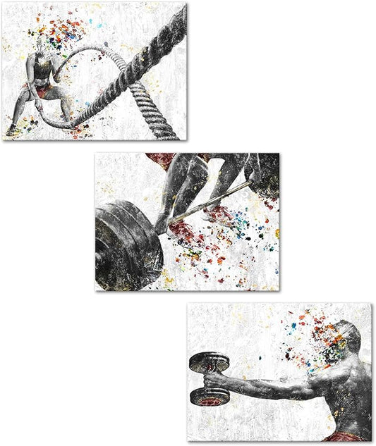 KREATIVE ARTS 3 Pieces Fitness Gym Canvas Wall Art - 12"x16" Framed Workout Prints with Weightlifting, Dumbbell, Barbell & Fitness Rope Motifs, Black & White Sport Painting, Home Gym Decor