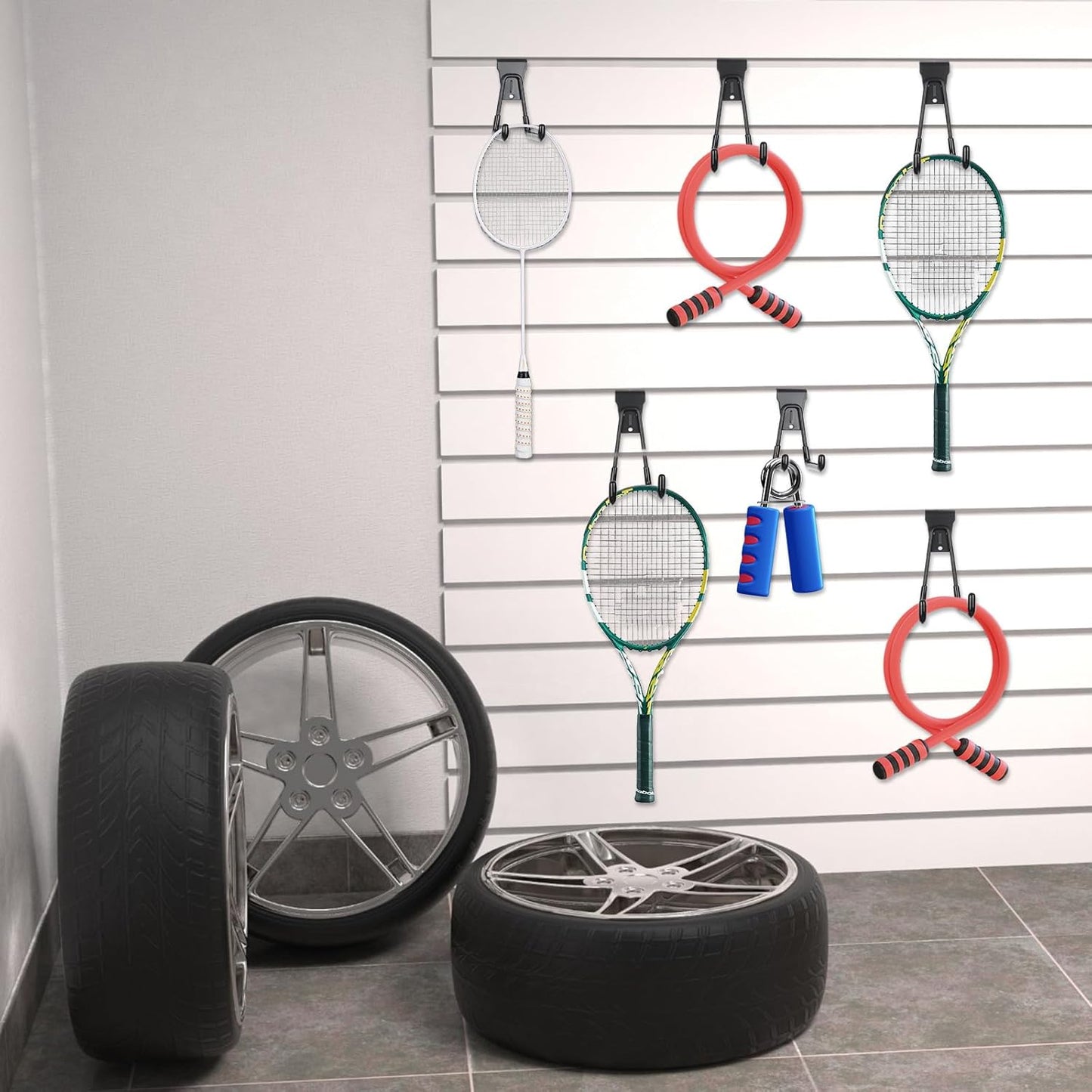 Landhoow 36 Pcs Slatwall Hooks & Hangers 32 Pcs Heavy Duty Slat Wall Hanging Hooks with 4 Pcs Storage Straps Assortment Slatwall Accessories for Storage Garage Wall Organization Garden Home (Black)