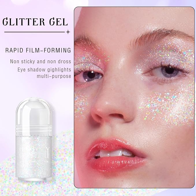 Roll-on Holographic Body Glitter Gel for Face Hair, Chameleon Color Changing Glitter Gel Under Light, Chunky Mermaid Sequins Festival Party Rave Accessories Shimmer Makeup (13# Dazzle)