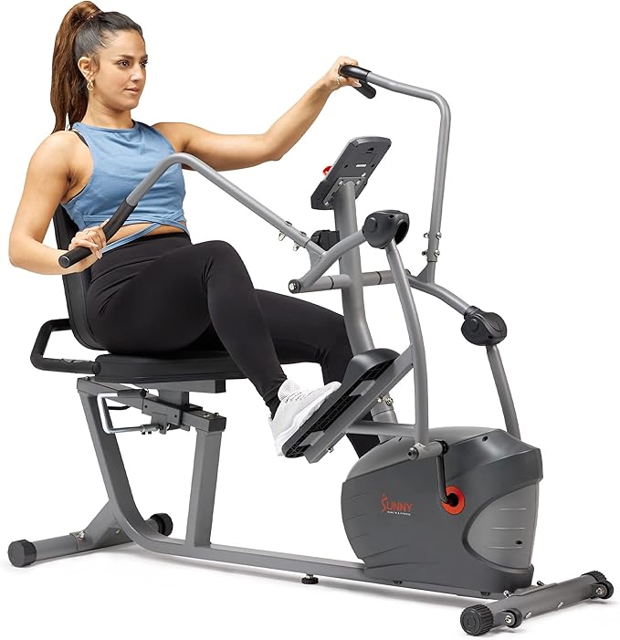 Sunny Health & Fitness Smart Recumbent Bike, Full-Body Home Training with Arm/Leg Exercisers, Indoor Cycling Workout Machine Plus Adjustable Seat & Bulit-in Pulse Sensors, Free SunnyFit App Connection