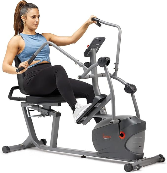 Sunny Health & Fitness Smart Recumbent Bike, Full-Body Home Training with Arm/Leg Exercisers, Indoor Cycling Workout Machine Plus Adjustable Seat & Bulit-in Pulse Sensors, Free SunnyFit App Connection