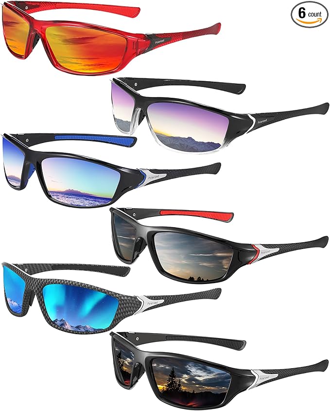 Frienda 6 Pack Polarized Sport Sunglasses for Men Multipack Fit over Glasses Pack Lot Set Men's Sport Fishing Eyeglasses
