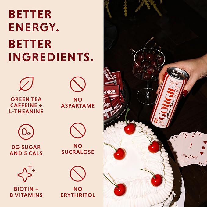 GORGIE Jordyn Jones Cherry Lime, Sugar-Free Natural Energy Drink Sparkling, Healthy Energy Drinks - Green Tea, Biotin, B Vitamins -150mg Caffeine, Vegan, & Low Calorie (Pack of 12)