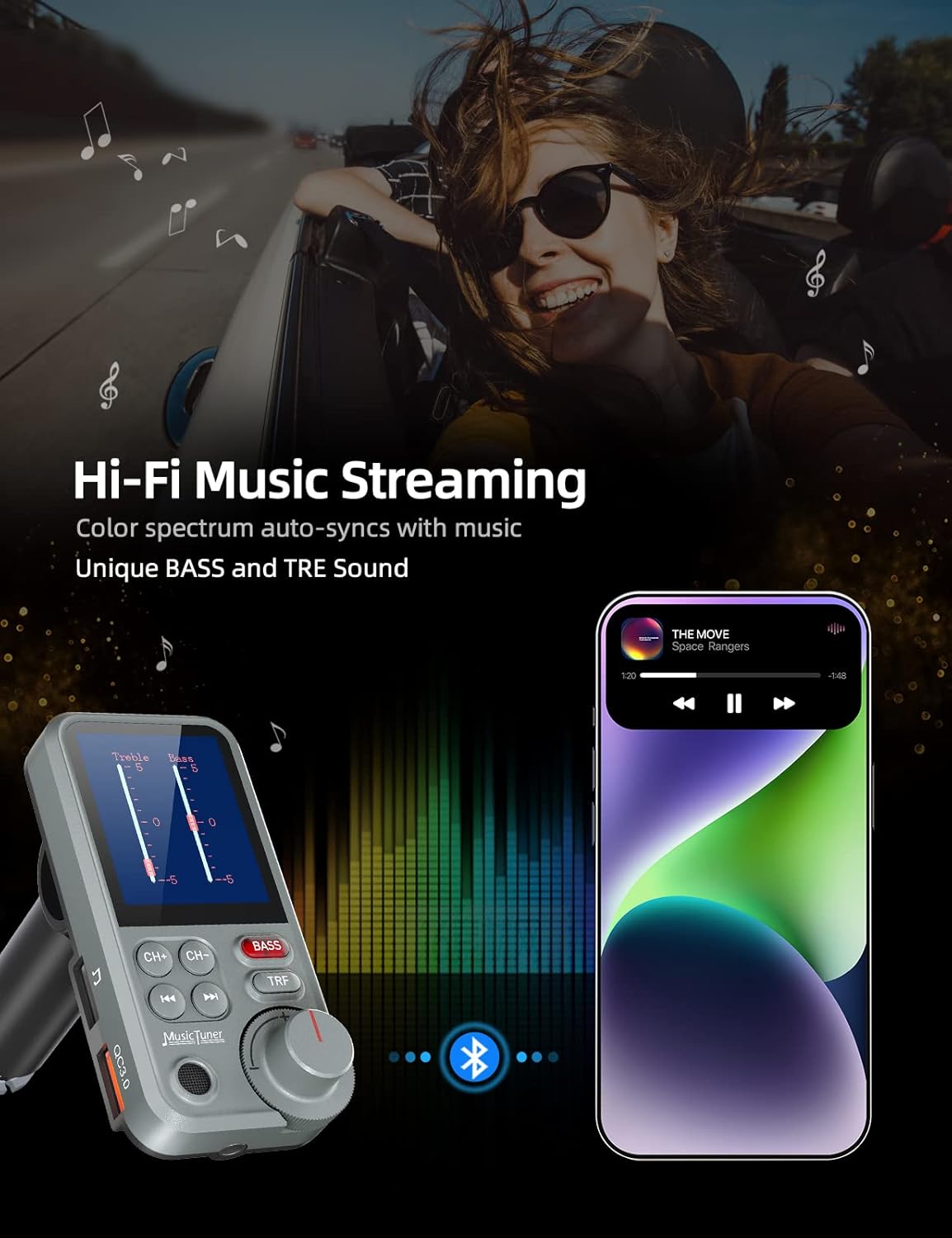 Nulaxy FM Bluetooth Transmitter for car, Strong Microphone Bluetooth Car Adapter with 1.8" Color Screen for Hands-Free Calls, Supports QC3.0 Charging, Treble and Bass Sound Music Player- KM30 Grey