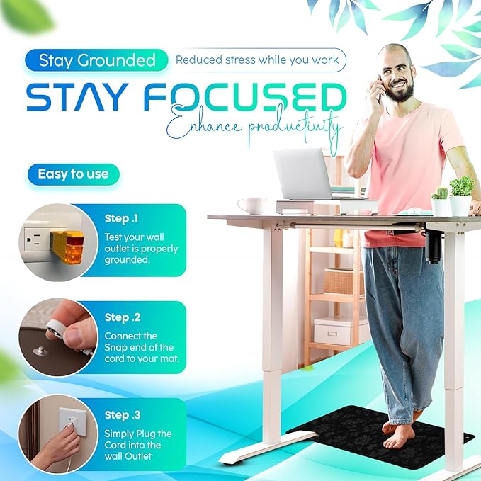 Grounding Mat for Feet, Chair & Yoga | Earthing Grounding Mat for Pain Anxiety Pain Relief, Inflammation | Spacious Grounding Pads for Sleep & Wellness | Includes Grounding Tester, Cable & Mat Tester