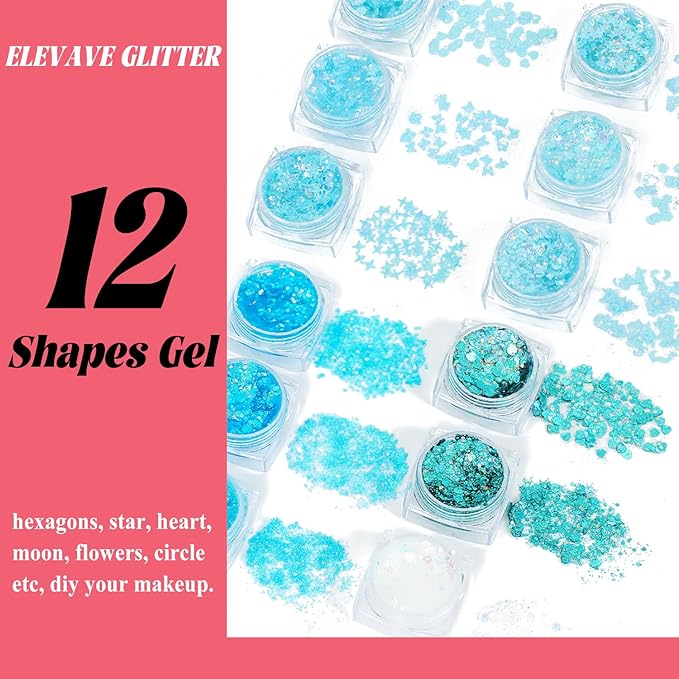 Body Glitter Face Glitter, Hair Glitter for Kids, 12 Shapes Fine Chunky Glitter Gel for Women Girls Makeup Sparkles Party Mermaid Sequins Rave Accessories Singer Concerts Festival (Blue Scheme)