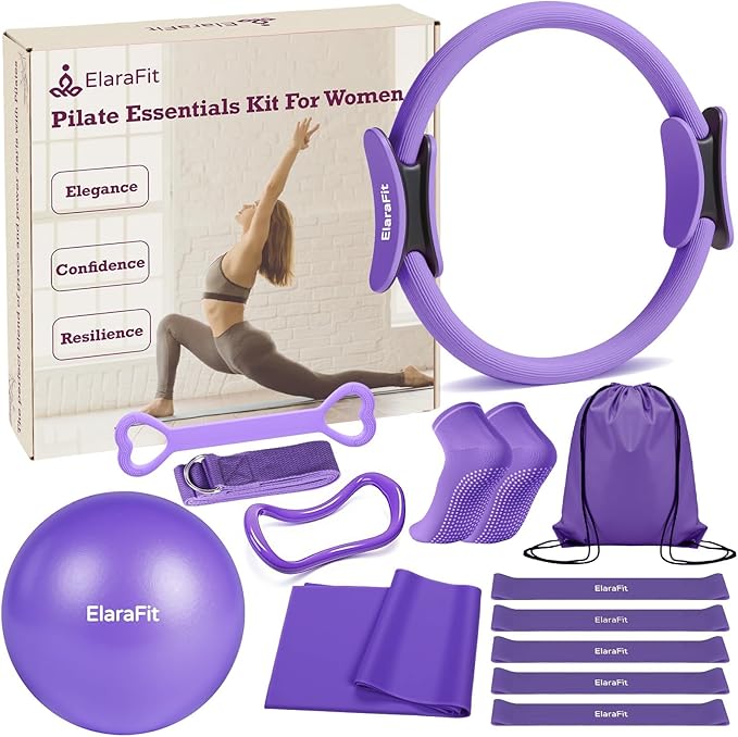 Home Pilates Kit for Women Pilates Equipment Ring and Ball Set Magic Circle Hoop with 5 Resistance Bands Compact Toning Fitness Essentials Starter Set Accessories