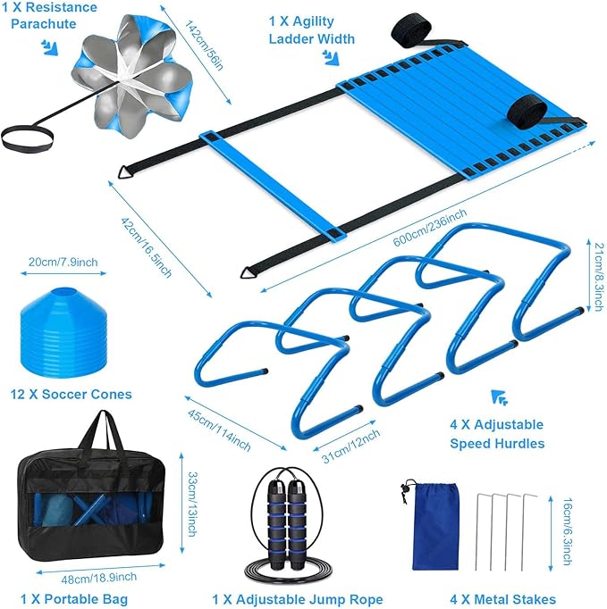Agility Ladder, Soccer Training Equipment Set, 4 Agility Hurdles, 20ft Speed Ladder, Running Parachute, 12 Football Cones, Jump Rope | Soccer Basketball Athletes Speed Training