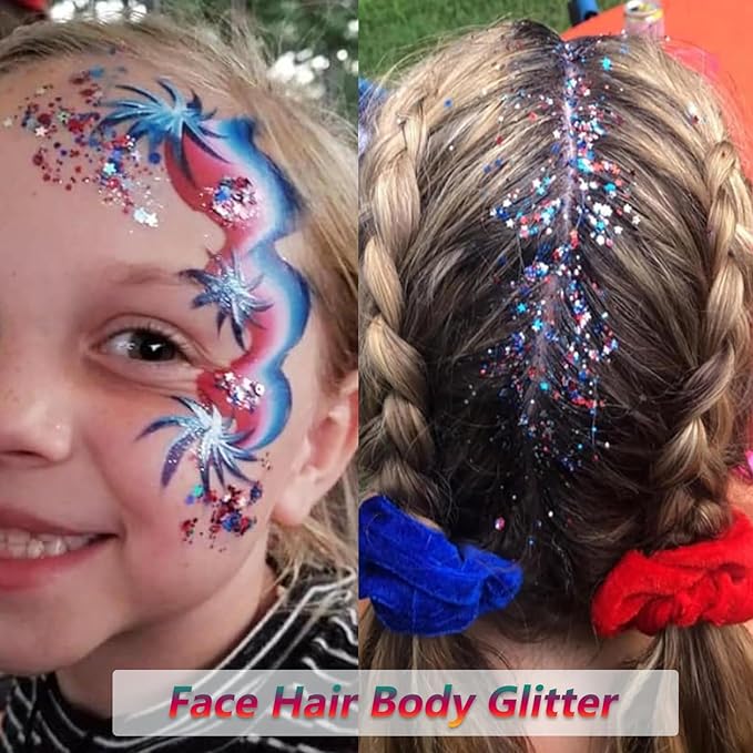 Patriotic Red White and Blue Glitter Stick, 4th of July Outfits for Body & Hair, Women Kids Fourth of July Accessories, Face Hair Glitter for Independence Day, Memorial Day, Veterans Day