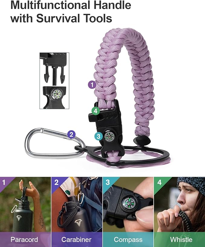 64 oz Insulated Water Bottle,Half Gallon Water Flask Stainless Steel Vacuum, Cold for 48 Hrs,BPA-Free & Leakproof -with Paracord Handle, Strap,Straw Spout Lids,Large Jug for Gym,Purple