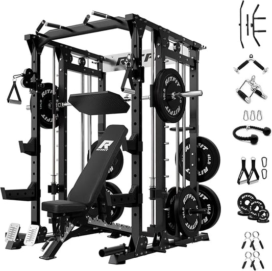 RitFit Smith Machine Power Cage with LAT Pulldown & Cable Crossover, All-in-One Power Rack Home Gym System with Leg Press Attachment & Accessories