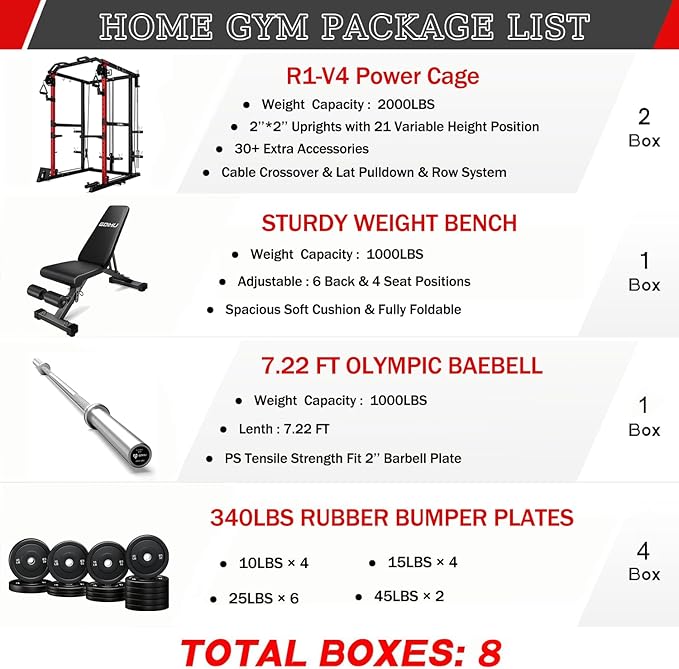 R1-V4 Power Cage Rack, 2000LB Squat Rack with Cable Crossover System, Multi-Function Weight Cage, Home Gym Workout Machine with More Training Attachments