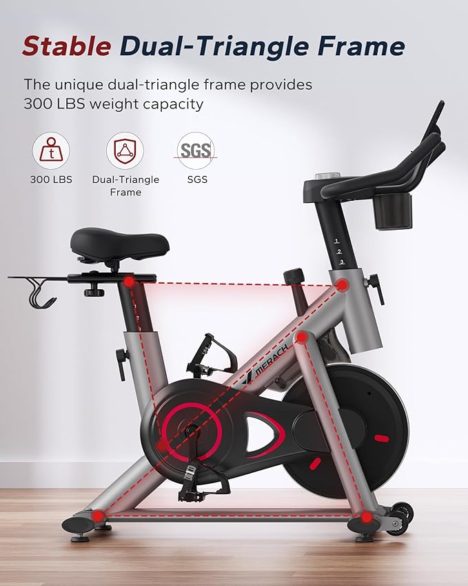 MERACH Exercise Bike, Brake Pad Stationary Bike with Exclusive App, Low Noise Indoor Cycling Bike with 300lbs Weight Capacity, Tablet Mount and Fitness Courses for Weight Loss