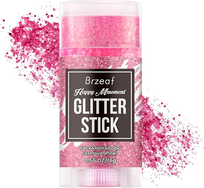 Brzeaf Waterproof Pink Glitter Stick, Not Greasy & Long Lasting, Chunky Glitter for Face/Body/Hair/Eyes/Lip, Singer Concert Music Rave Festival, Glitter Stick Makeup & Face Glitter Gel for Women Men