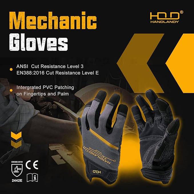 HANDLANDY Mens Work Gloves Touch screen, Utility Mechanic Gloves, Flexible Breathable Fit- Padded Knuckles & Palm