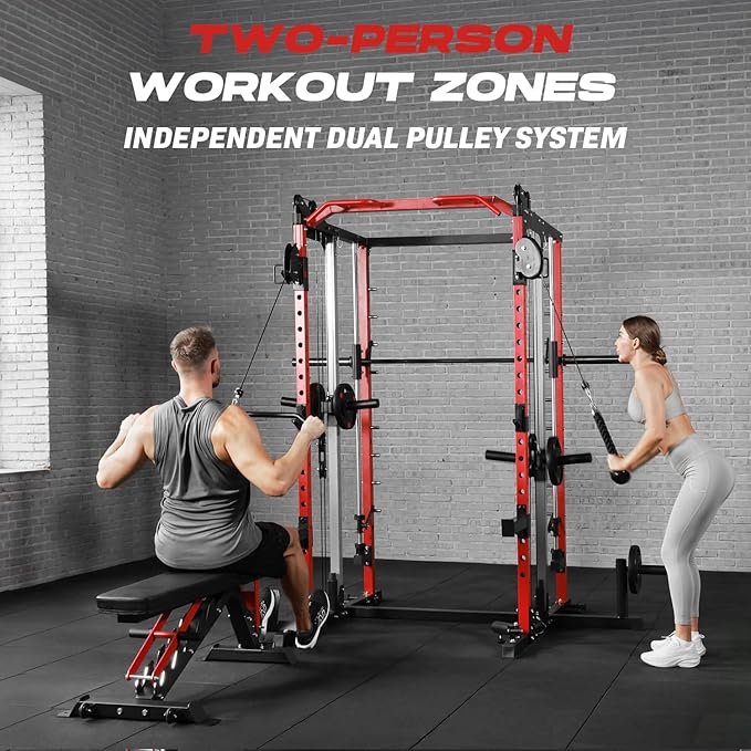 Smith Machine Home Gym, Multi-Function Power Cage with Dual Pulley Cable Crossover System, All-in-One Squat Rack with Smith Bar and Strength Training Attachments for Full-Body Workouts
