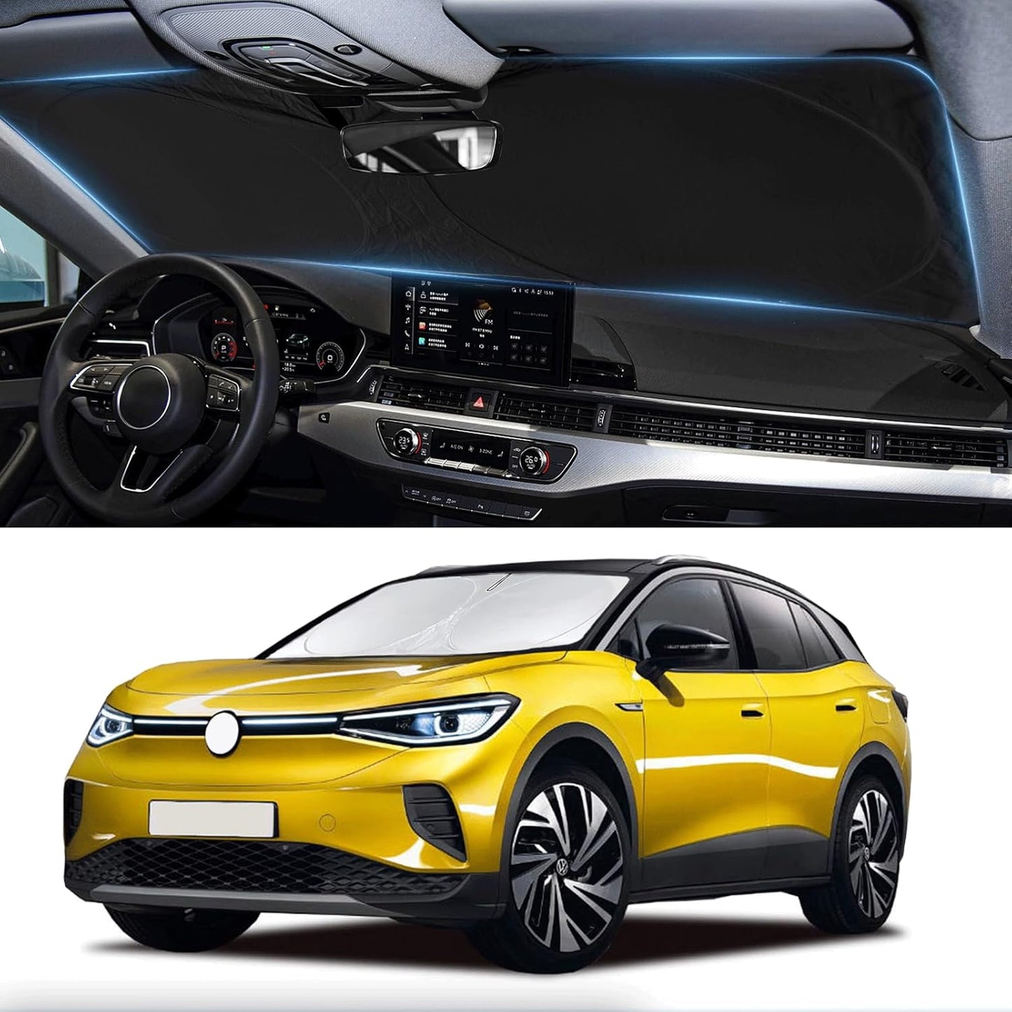 Custom Fit VW ID.4 Windshield Sunshade for 2021-2022 2023 2024 2025 VW ID.4 for Volkswagen Accessories Front Window Shield Cover for Windshield Sun Visor Protector Blocks UV Keeps Car Cool