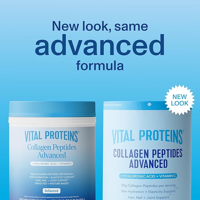 Vital Proteins Collagen Peptides Powder Advanced with Hyaluronic Acid & Vitamin C - 20oz Collagen Protein, Unflavored, 27 Servings