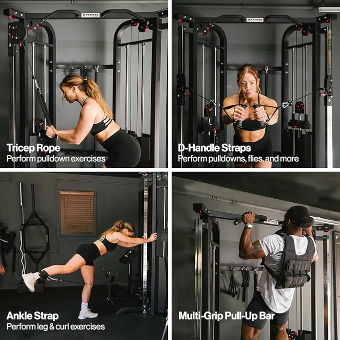 Titan Fitness Functional Trainer Cable Crossover Machine, 200 LB Double Weight Stack, 2:1 Cable Pull Station, Home Gym Workout Weight Training Machine with Attachments