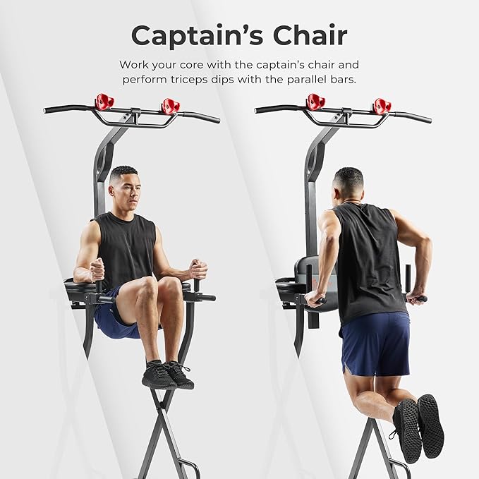 Sunny Health & Fitness Power Tower, Dip Bar, Push-Up & Pull Up Assisting Parallette Station w Optional Rock Climbing Grip Trainer