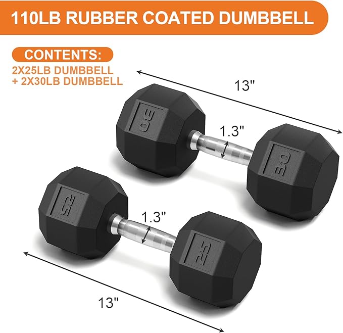 Rubber Coated Hex Dumbbell Weight Set, Multiple Sizes Exercise & Fitness Dumbbells,100LB Set,110LB Set,200LB,350LB,450LB,550LB, 35-50Lbs Pairs for Muscle Toning, Strength Building & Full Body Workout