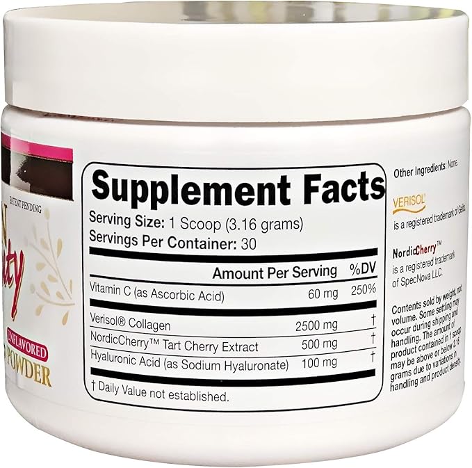 Collagen Beauty Powder™ By Suzy Cohen (3.3 oz) Anti Aging Hydrolyzed Protein Collagen Powder Type I and III for Supple Skin, Shiny Hair & Strong Nails- Unflavored Powder Drink with Verisol- Made in US