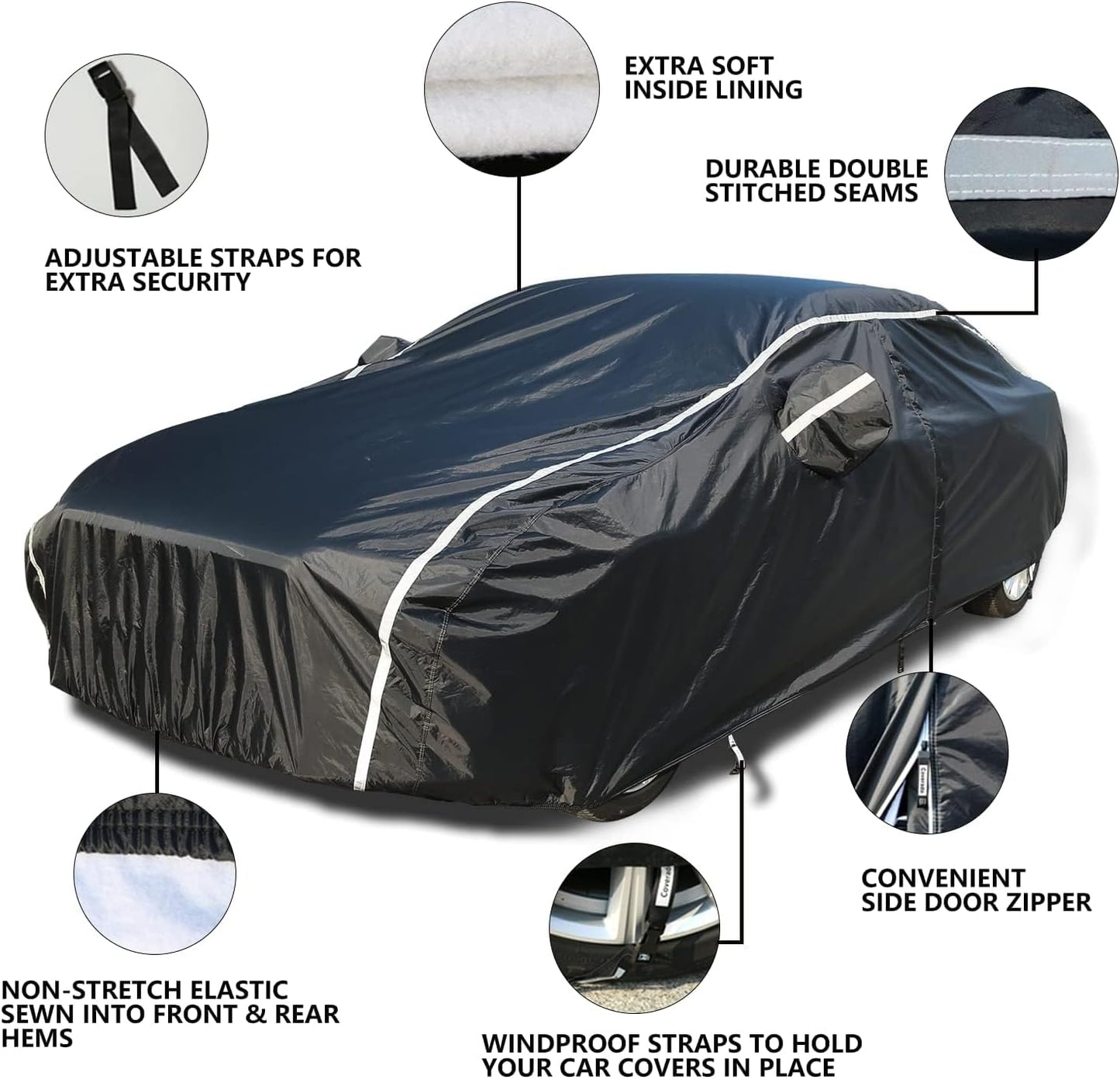 Tecoom Car Cover Waterproof All Weather, Car Covers for Automobiles with Zipper Door, Cotton Backing Car Cover, Windproof Sun UV Hail Protector Car Cover, Universal Fit for Sedan (201"-210")