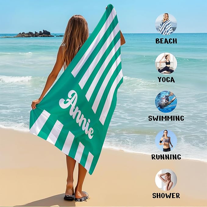 JML Personalized Beach Towel with Name, Custom Cabana Stripe Beach Towel, Customized Microfiber Pool Towel, Quick Dry & Absorbent Swim Towel for Adult,Mother's Day, Birthday, Summer Holiday,Vacation