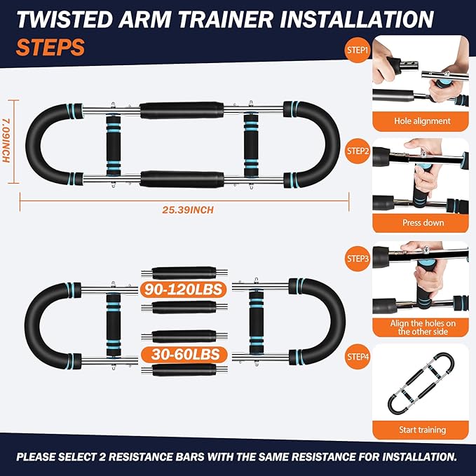 30-120lb Twister Arm Trainer,Adjustable Arm Chest Exerciser with 4 Resistance Springs for Men & Women Upper Body Workout,Detachable Power Twist Home Fitness Equipment