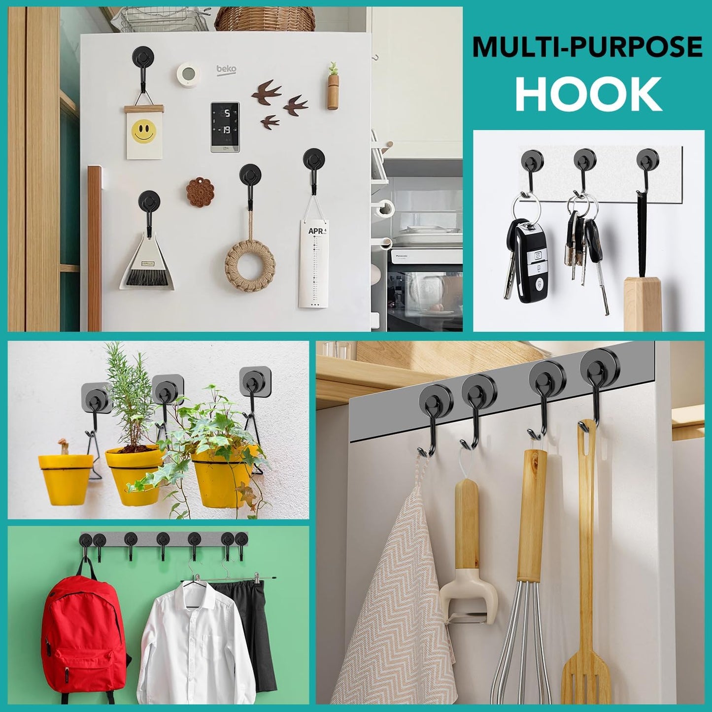 DIYMAG Black Magnetic Hooks, 80LBS Strong Magnetics Hooks Heavy Duty, Magnet Hooks with Metal Hanger for Hanging Refrigerator Home Kitchen Office, 8Pack