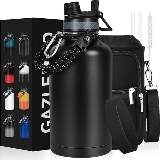 Insulated Water Bottle 64 oz, Half Gallon Water Jug Cold 48H, BPA Free Stainless Steel Bottles with Straw/Chug 2-in-1 Lid, Bag, Paracord Handle, Silicone Boot, Sports Gym School Metal Flask