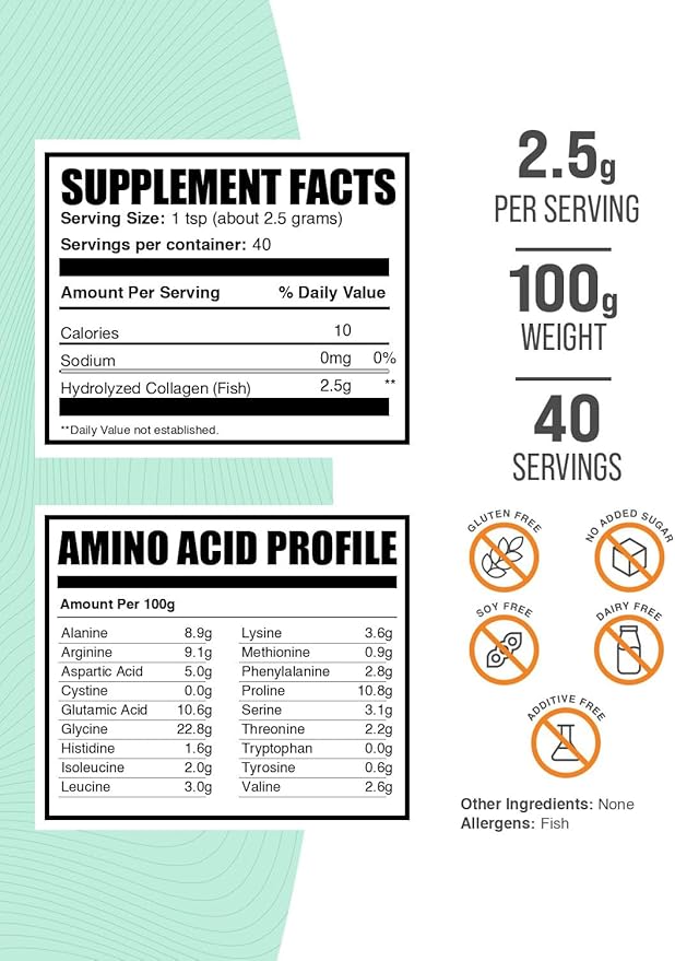 BulkSupplements.com Marine Collagen Powder - Marine Collagen Peptides Supplement, for Hair, Skin, & Nails - Hydyrolyzed & Gluten Free, 2.5g per Serving, 100g (3.5 oz) (Pack of 1)