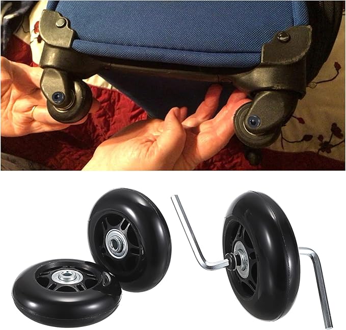 OwnMy 75mm x 23mm Luggage Wheels Replacements Set of 2 Mute Suitcase Replacement Wheels with Black Screws Axles Bearings, Rotatable Silent Rubber Suitcase Swivel Wheel Kit