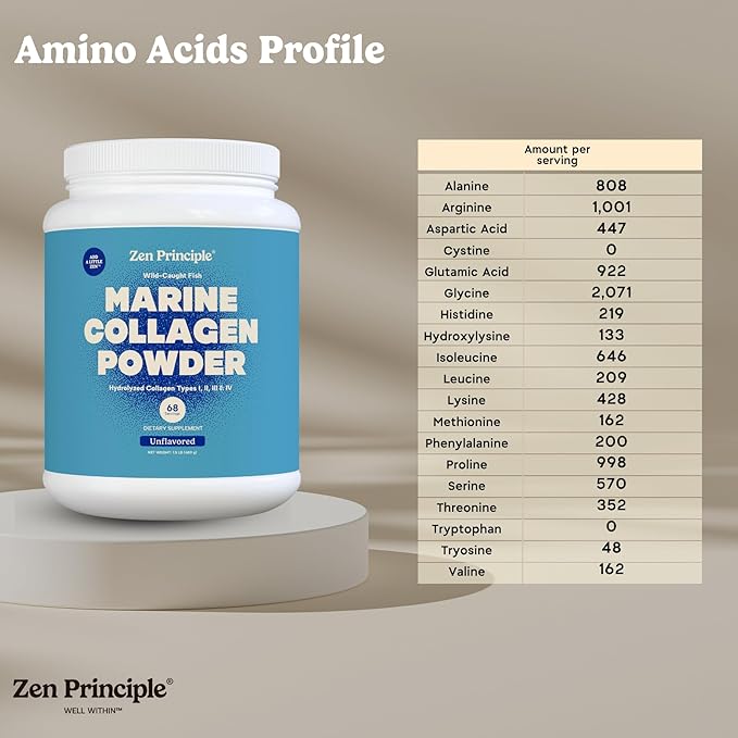 Zen Principle Marine Collagen Peptides Powder 1.5 lb. Wild-Caught Fish, Non-GMO. Supports Healthy Skin, Hair, Joints and Bones.Hydrolyzed Type 1 & 3 Protein. Amino Acids.Unflavored, Easy to Mix.