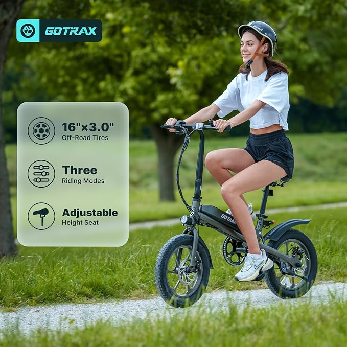 Gotrax S3 Electric Bike, 16x3.0 Fat Tire Electric Bicycle Adults, 750W Peak Motor, Max Range 25 Miles, Up to 20 Mph, Removable Battery, Adjustable Seat, Folding Electric Bike for Adults/Teens 13+