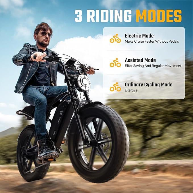 TST Electric Bike for Adults 1500W Peak 20" Fat Tire All-Terrain E-Bike 60/110 Miles 28MPH Electric Dirt Bike for Road Sand Mountain Snow - 48V 15/25AH Battery Powered Electric Motorcycle