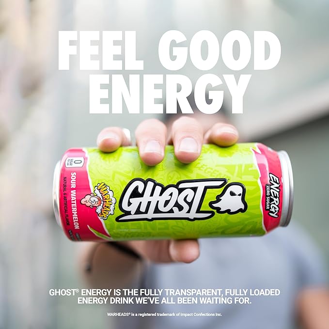 GHOST Energy Drink - 12-Pack, Warheads Sour Watermelon, 16oz - Energy & Focus & No Artificial Colors - 200mg of Natural Caffeine, L-Carnitine & Taurine - Gluten-Free & Vegan