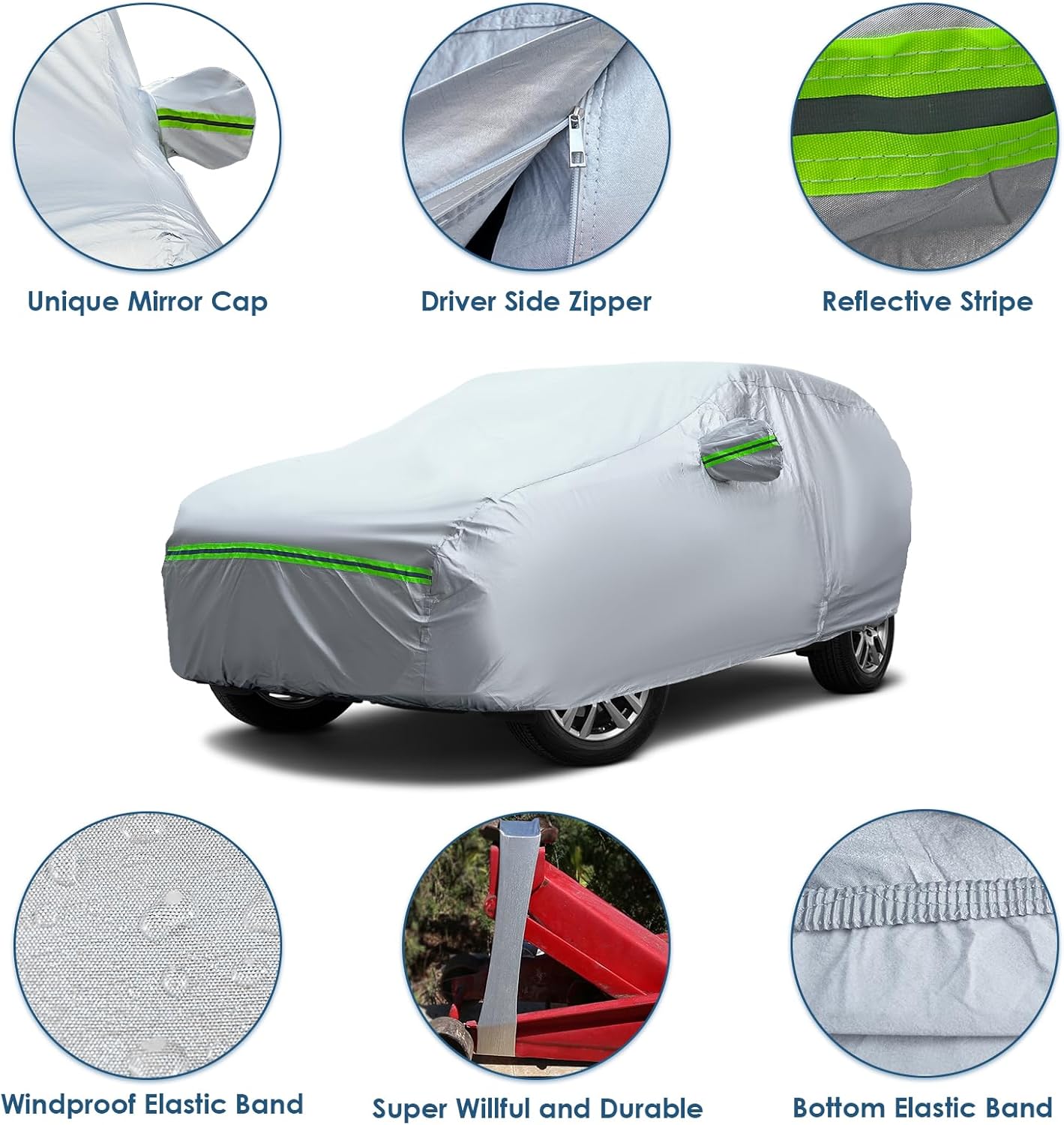 AUQDD 6-Layers Premium SUV Car Cover Waterproof All Weather Weatherproof UV Sun Protection Snow Dust Storm Resistant Outdoor Exterior Custom Form-Fit Full Padded Car Cover with Straps 178"-190" K7
