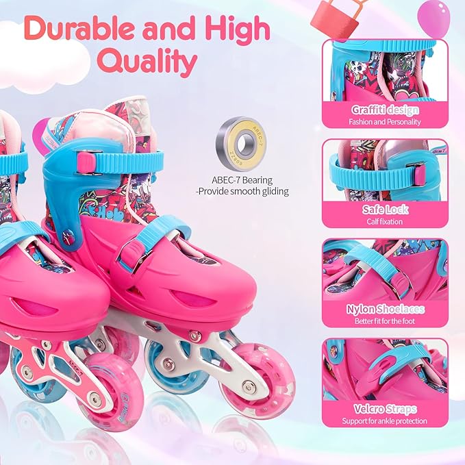 Pink Graffiti Light up Inline Skates for Girls, 4 Size Adjustable Roller Shoes with Full Illuminating Wheels for Kids, Blades Roller Skates for Beginner Teens Youth & Adult Women