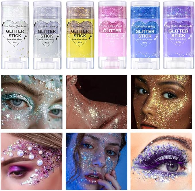Pink Hair Glitter Stick, Chunky Sequins Body Face Glitter Singer Concert Outfits for Women,Body Paint for Kids,Waterproof Shimmer Rave Music Festival Accessories for Parties & Events