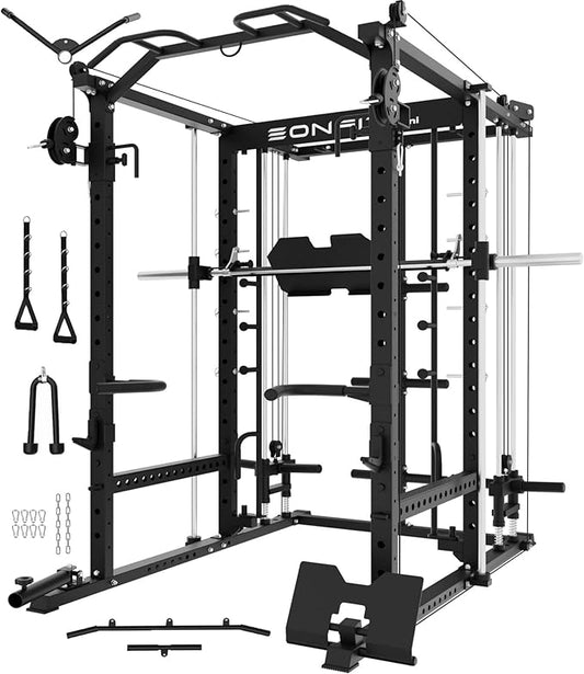 Eonfit E5 Smith Machine with Vertical Leg Press, Power Cage Squat Rack with LAT-Pull Down Cable Crossover Rotating Arms System Home Gym Equipment All in One (E5 RED)