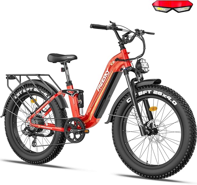 FREESKY Electric Bike for Adults,105mile Long Range Ebike, 2000W Motor 37MPH Fast Step-Thru E Bike 25Ah Samsung Cells Battery Full Suspension Electric Dirt Bicycle 26'' Fat Tire for Commuter Mountains