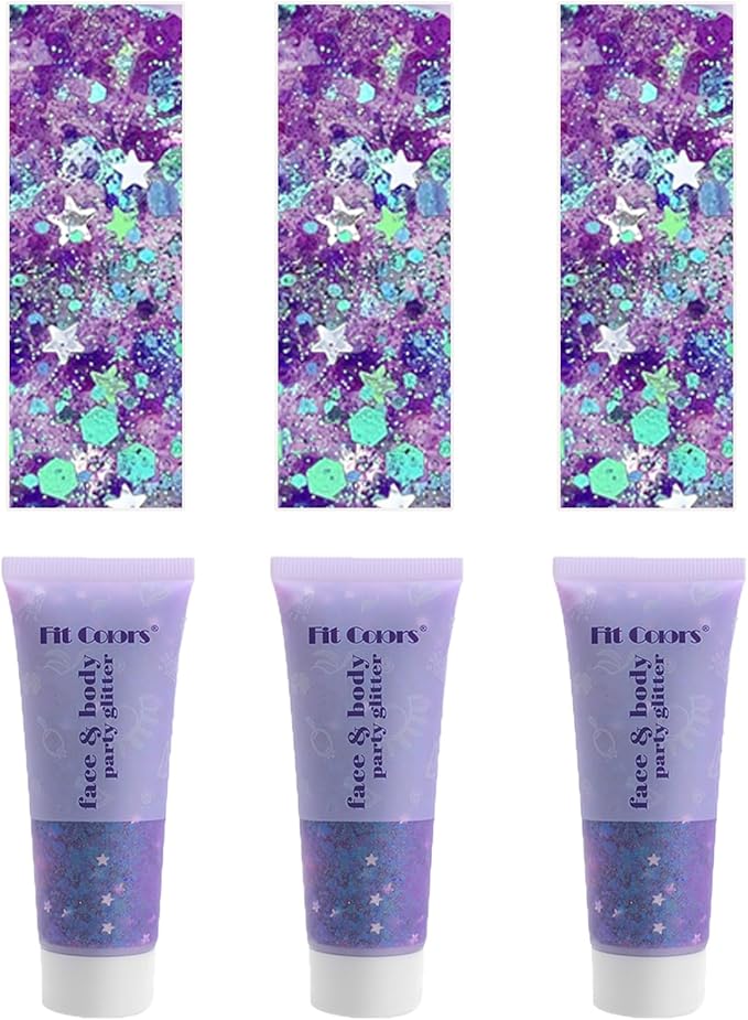 Face Body Glitter, Hair Glitter Sparkles Chunky Face Glitter Gel for Girls Makeup Singer Concerts Mermaid Festival Sequins Face Paint (3pc Purple)