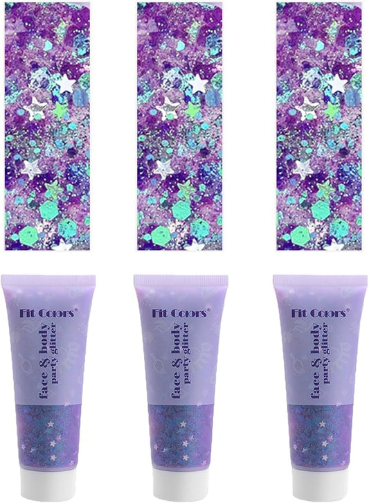 Face Body Glitter, Hair Glitter Sparkles Chunky Face Glitter Gel for Girls Makeup Singer Concerts Mermaid Festival Sequins Face Paint (3pc Purple)
