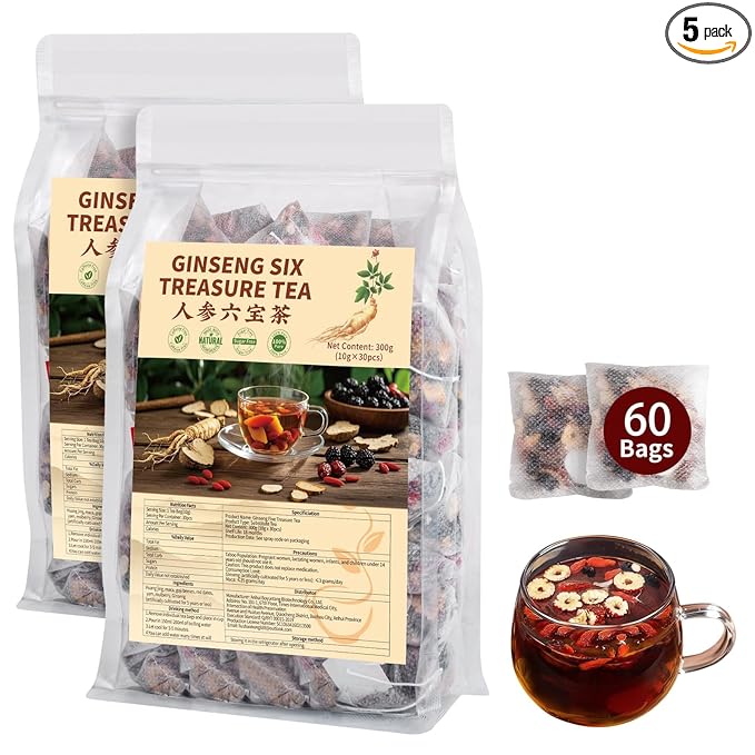 Kidney Tea Formula Ginseng Six Treasure Tea - Natural Chinese Traditional Herbal Ginseng Five Treasures Kidney Detox Cleanse Teabag For Men Women - 60 Bags
