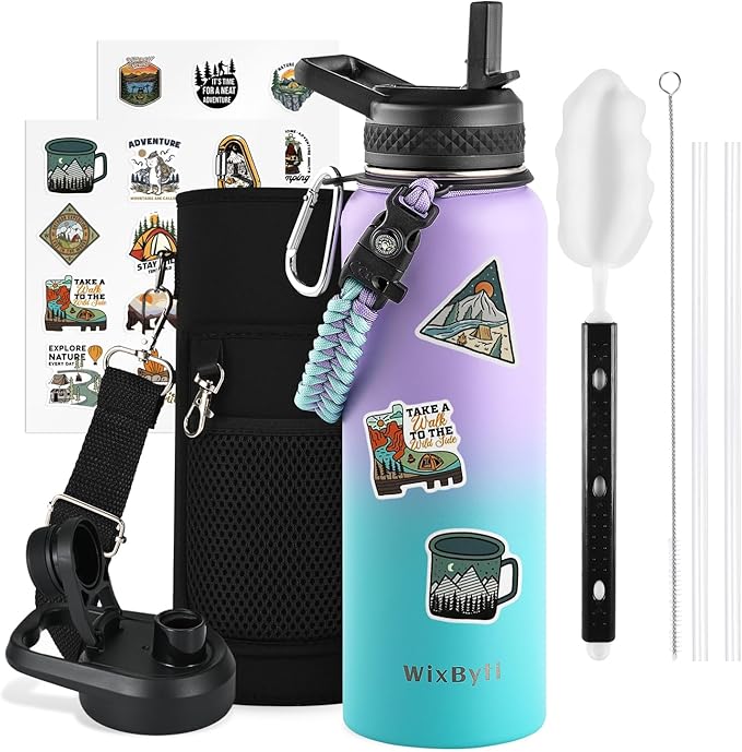 40 oz Insulated Water Bottle with Straw (Cold for 48 Hrs), Stainless Steel Triple Wall Vacuum Sports Water Jug, Leakproof Hydro Cup Flask with Paracord Handle & Straw Spout Lids & DIY Stickers