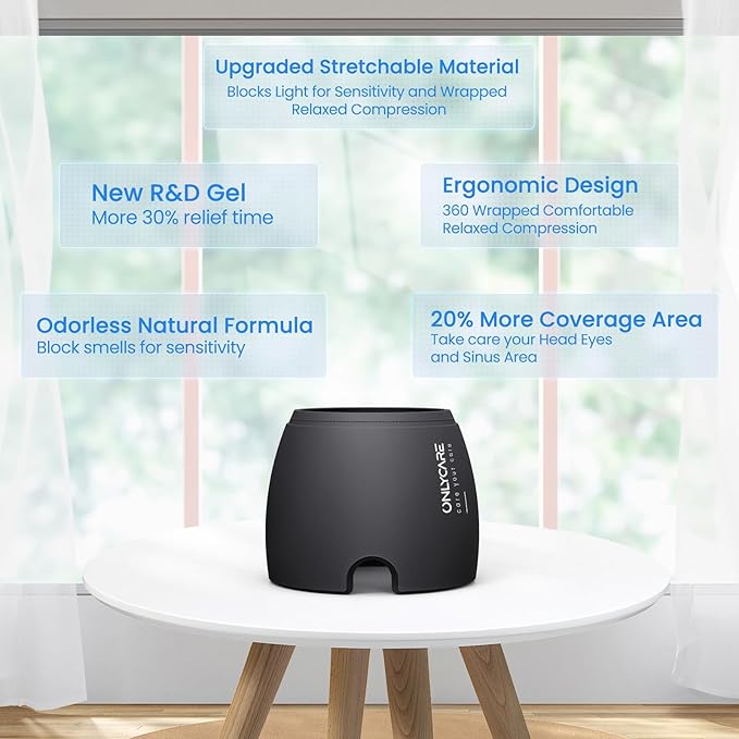 ONLYCARE Migraine Relief Cap, Upgraded Odorless Headache Relief Cap, 360° Gel Surround Ice Pack Mask for Migraine, Sinus, Stress, Frontal Headaches (Black)