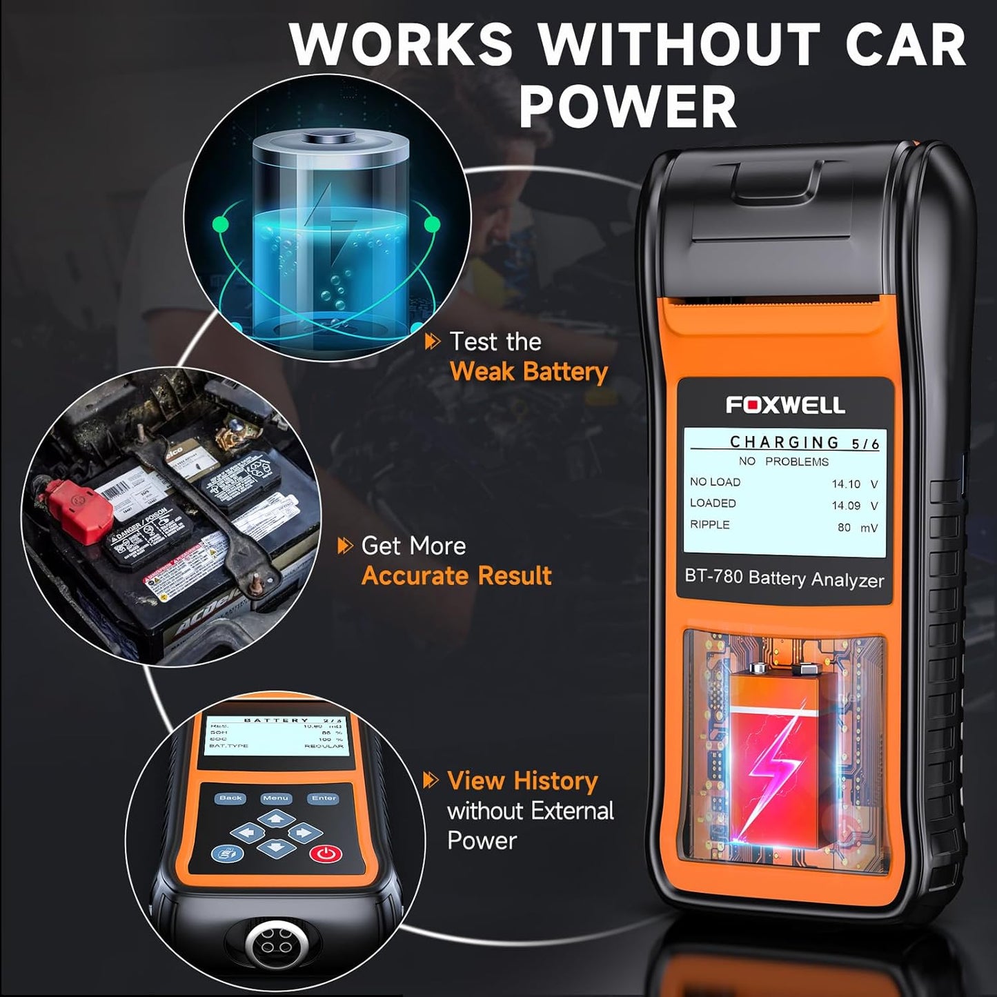 FOXWELL BT780 Car Battery Tester, 12V 24V Battery Load Tester with Printer 100-2000CCA Digital Automotive Cranking Charging System Analyzer for Car Motocycle Heavy Duty Truck Marine SUV Boat